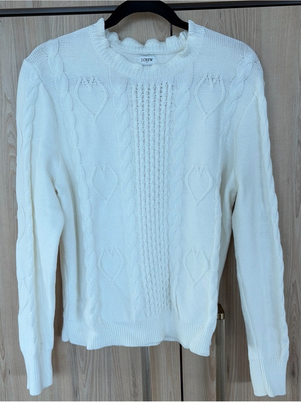 J.Crew Fisherman Cable Knit Sweater L Cream 100% Cotton Preppy Coastal